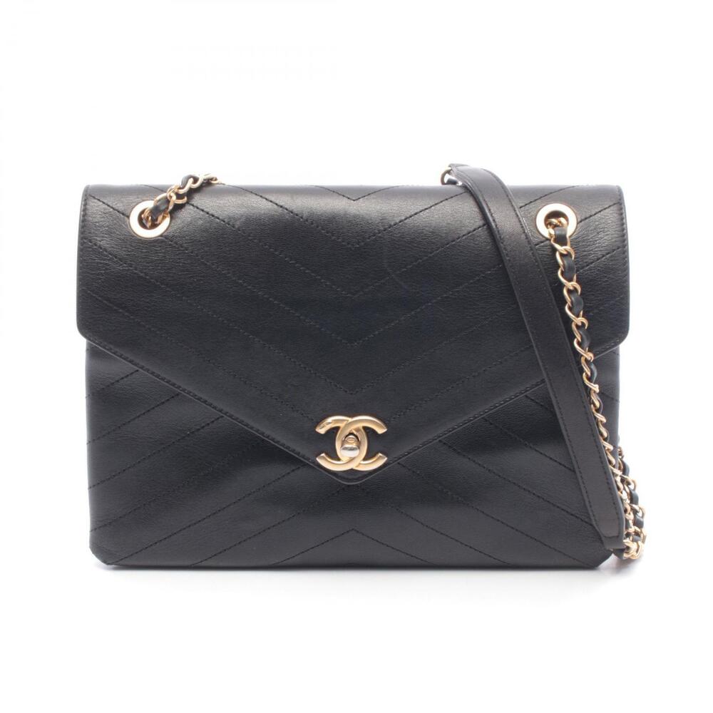 Chanel Chevron V stitch Shoulder Bag Leather Black